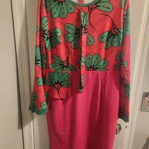 Bold Pink & Green Floral Shift Dress with Tie Neck